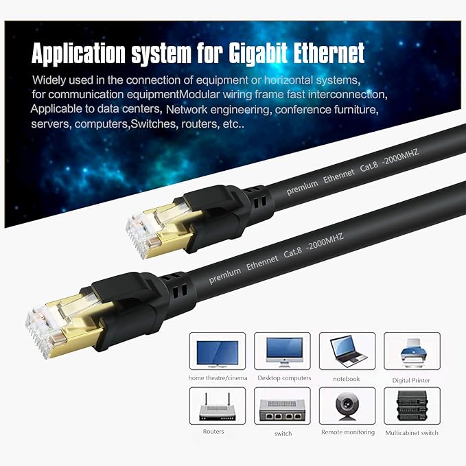 YixGH Cat8 Ethernet Cable 200ft, Internet Network Cord, 40Gbps 2000Mhz LAN Wires, High Speed SSTP LAN Cables with Gold Plated RJ45 Connector for Router, Modem, Gaming, Xbox (200ft)
