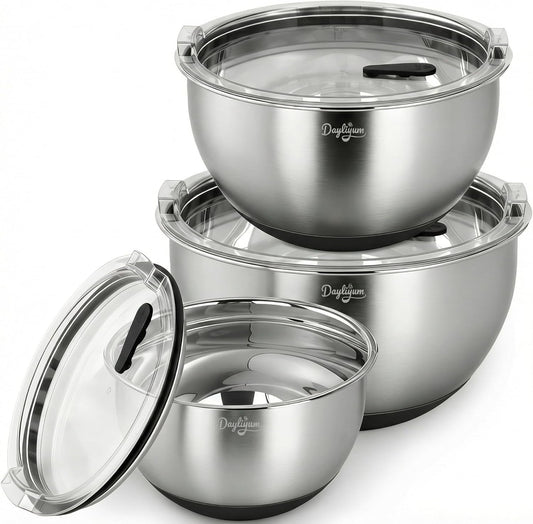 Stainless Steel Mixing Bowls Set by [Brand Name] - Airtight Lids, Non-Slip Base, 3 Sizes (1.5/3/5 QT) | Ideal for Food Prep & Storage