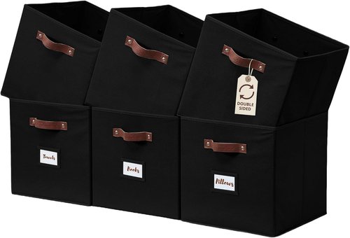 DECOMOMO Storage Bins - Fabric Cube Storage Bins with Labels for Shelves | 10.5" x 11" | Black (6pcs)