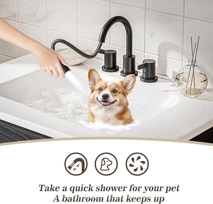 Phiestina Pull Out Sprayer Matte Black 8 Inch Bathroom Sink Faucet, Widespread 2 Handles 3 Hole Pull Down Bathroom Faucet, with Pop Up Drain and Water Supply Line, BF04022-K01-MB