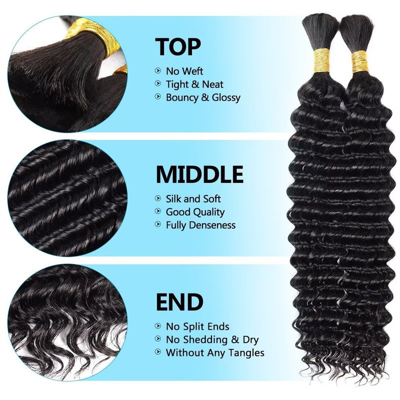 100g 3 bundles Human Braiding Hair for Boho Braids 14 Inch Curly Boho Hair for Braiding Knotless 12A Deep Wave Bulk Bohemian Natural Black