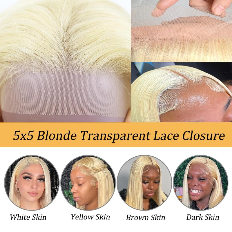KAFEIER 613 Blonde 5x5 Hd Lace Closure Brazilian Virgin Human Hair Body Wave Invisible Transparent Lace Pre plucked with baby hair Natural Hairline Free part 150 density 14 Inch
