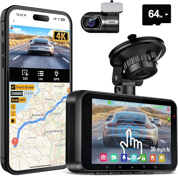 HUPEJOS 4K Dual Dash Cam Front and Rear, Camera for Cars with STARVIS 2 Sensor, 4” Touch Screen Dashboard Camera Built-in 5G WiFi GPS, Free 64GB Card, Voice Control, Night Vision, 24H Parking Mode
