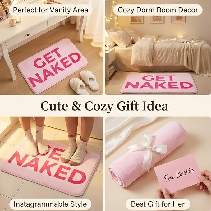Pink Get Naked Memory Foam Bath Mat 16x24 Inch, Funny Bathroom Rugs, Cute Dorm, Apartment Decor, Soft Non Slip Absorbent Mats for Shower, Vanity