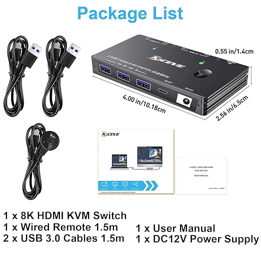 KCEVE HDMI2.1 KVM Switch 2 Computer 1 Monitor 8K@60Hz, KVM Switch HDMI 2 Port with 3 USB3.0, Wired Remote and Power Adapter (8K HDMI 2 in 1 Out KVM)