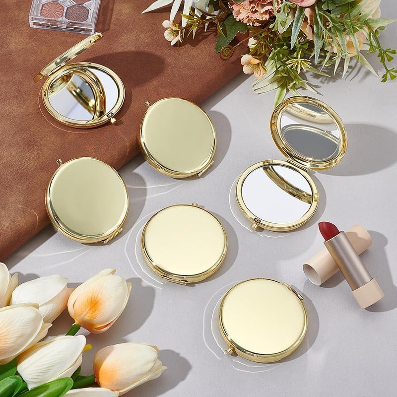 10 Pcs Small Folding Makeup Pocket Mirror - Golden Double-Sided 1X/2X Magnifying Round Mirrors for Travel & Work
