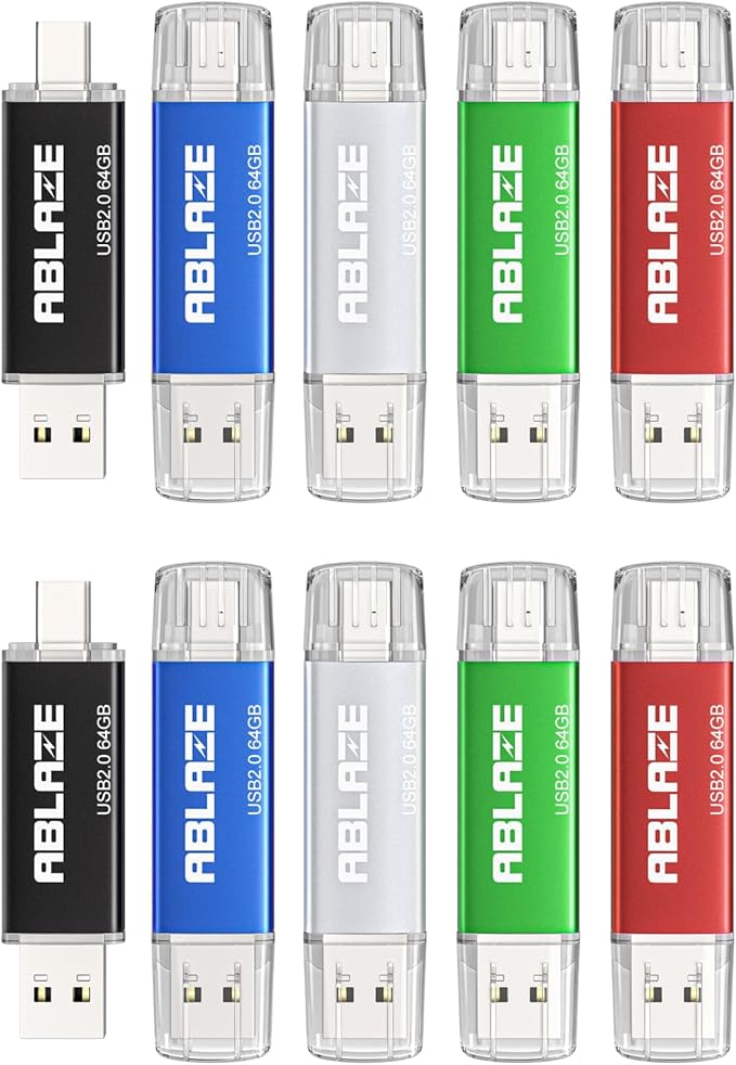 ABLAZE 64GB Type C Flash Drive 10 Pack, Dual USB 2.0+USB C Memory Stick Thumb Drive Compatible with iPhone 17/16/15, Android Smartphone, Computers, Tablets, Mac,iPad,PC