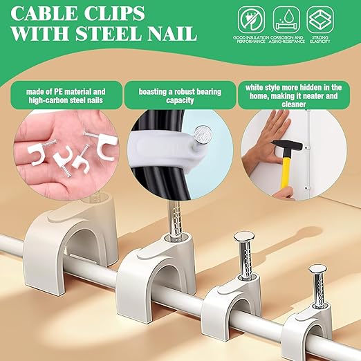 Yauhar 800Pcs 4mm 6mm 8mm 10mm J-Hook Ethernet Cable Nails Wire Clips with Steel Nails and 5/8" 3/4" 1/2" 1" Insulated U Staple Nail for Home Office Business