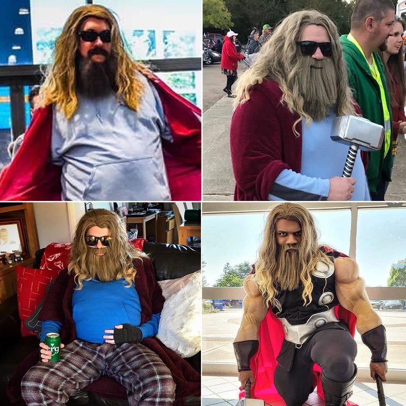 MAGQOO Golden Brown Wig with Beard Mustaches Men's Long Curly Wig Golden Brown Hair Wigs Halloween Cosplay Costume Party Wigs