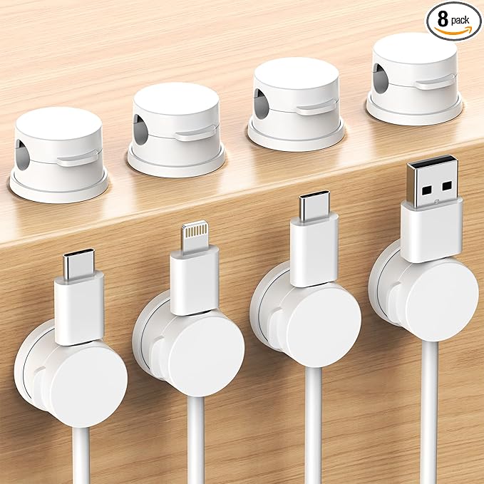 Inchor Cord Organizer, Rotatable Cable Organizer 8 Pack, No-Residue Adhesive Spring Cable Clips, Cord Holder for Nightstand, Kitchen, Office Accessories and Car (White)