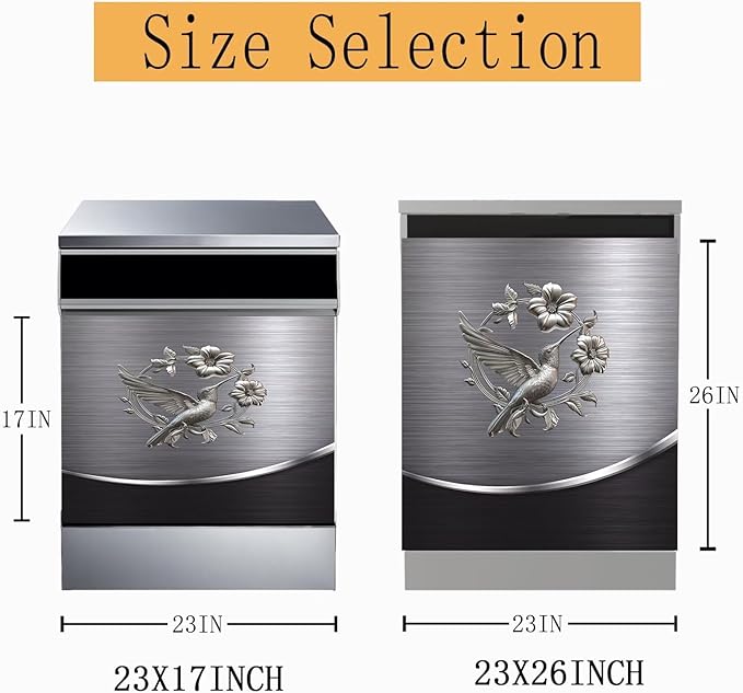 Grey Metal Silver Bird with Flower Pattern Magnetic Dishwasher Cover Sheet Polishing Steelbird Dishwasher Skin Decor Silver Texture 23X26 INCH Magnet Rerigerator Kitchen Panel Decal Sticker
