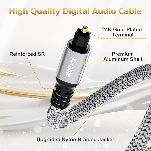 Kxable Optical Audio Cable 6.6FT /2M, Digital Audio Cable, Toslink Fiber Optic Cord, [Nylon Braided, Slim Aluminum Shell, Gold Plated Connector], for Home Theater, Sound Bar, PS4, Xbox, TV and More
