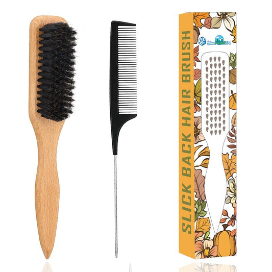 BlueForest Era Slick Back Hair Brush, Boar Bristles Smoothing Hair Brushes & Black Rat Tail Comb, Natural Wooden Hair Brush for Men Women, Soft & Hard Bristles Brush for Hair Smooth Flyaways