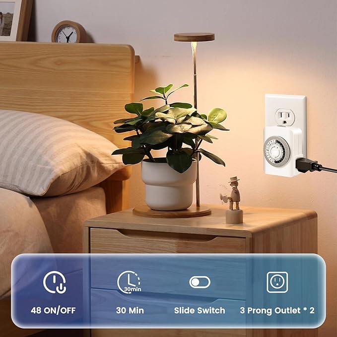 AaiVrylliz Outlet Timer,Timers for Electrical Outlets Indoor with 3-Prong Dual Outlet,24-Hour 30 Minute Daily On/Off Cycle, Plug-in Mechanical Timers for Christmas Lights, Lamps, Grow Light (2-Pack)