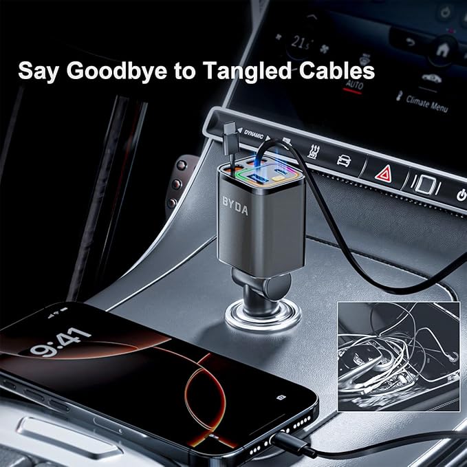 4 in 1 Retractable Car Charger,69W USB-C Fast Car Charger, for iPhone 17/16/15/14/13/12/11, Android,Pixel,Cigarette Lighter Charger (for Type C+Apple &RGB)