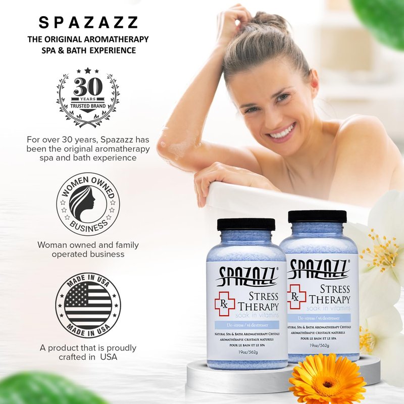 Spazazz Rx Stress Therapy Natural Spa & Bath Salt Aromatherapy Crystals- 2 Pack 19oz De-Stress - Calming & Relaxing Natural Aroma & Magnesium Mineral Bathing Salts - Safe for Your Hot Tub