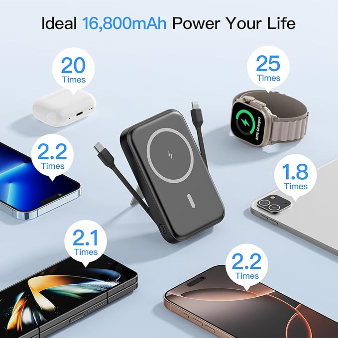 VTIAEK 2026 Latest Portable Charger, 16800mAh Magnetic Wireless Power Bank with 2 Built in Cables, LED Display Battery Pack Travel Essentials for iPhone 17/16/15/14/13/Pro/Mini/Pro Max Andriod