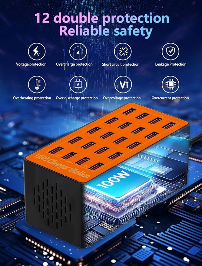 USB Charging Station,100W 20-Port Multi Smart Safety Fast Charger Station for Phone Tablet Watch Headphone PS, Compact Desktop Charger Home Office Travel