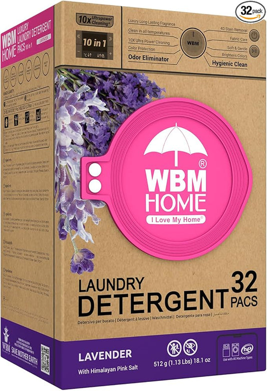 WBM 10-in-1 Laundry Detergent Pods, Fabric Softener with Lavender Extracts, High-Efficiency Laundry Pods with Powerful Stain Lifter Technology - 32 Count Bag
