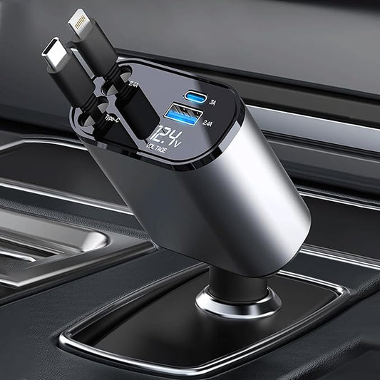 Retractable Car Charger with 100W Fast Car Charger 4 in 1 for iPhone and Type C, Retractable Cables (80cm) and 2 Charging Ports, Compatible with iPhone 15/14/13/12 Pro Max XR