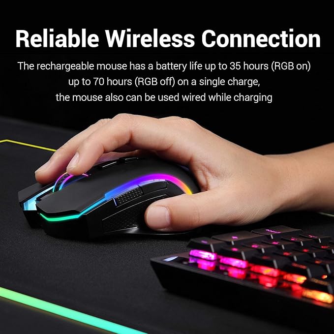 Redragon M602 Griffin RGB Gaming Mouse, Tri-Mode 2.4G/USB-C/Bluetooth Mouse Gaming, RGB Spectrum Backlit Ergonomic Mouse with 7 Programmable Backlight Modes up to 8000 DPI for Win PC Gamers (Wireless)