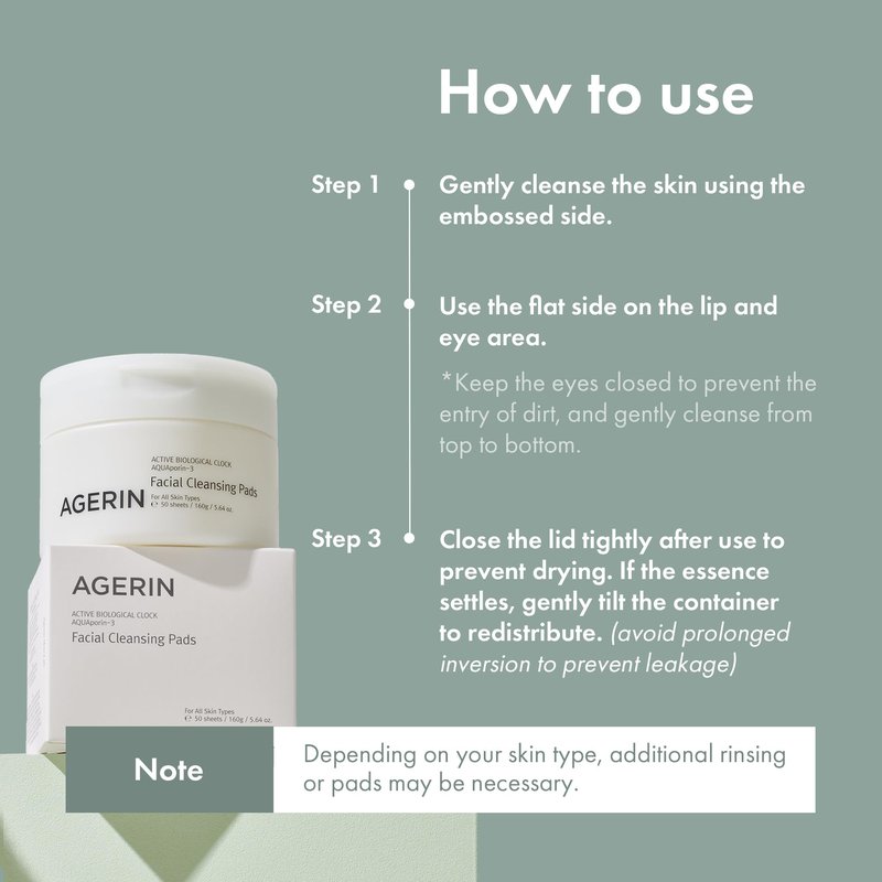 AGERIN Facial Cleansing Pads - Daily Oil & Makeup Remover Cotton Pads, Gentle Cleansing, Hydrating, Dirt & Impurities Removal Without Tugging - Vegan, Non-Irritating, 50pads