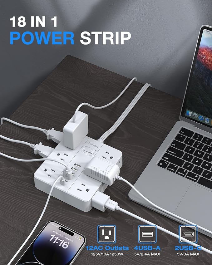 Extension Cord 25 Ft, HUNIAN Flat Plug Power Strip, 12 Widely Spaced Outlets with 6 USB Charger (2 USB C Ports), Desk Charging Station for Home Office Supplies, Dorm Room, White