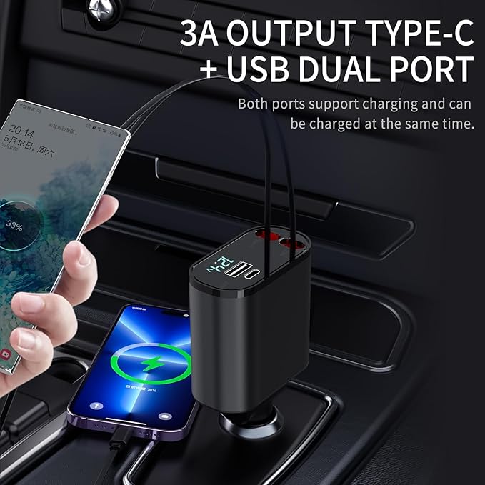 60W Fast Charging Car Charger for iPhone, 4-in-1 Retractable Phone Charger, Travel Essentials, Gifts for Women Men, Car Accessories for Women Men, for iPhone 14 13