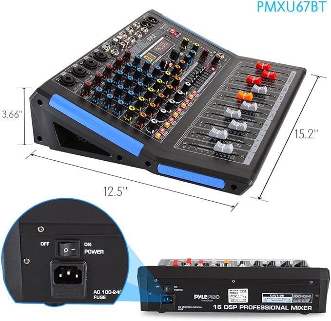 Pyle 6-Channel Console Style Audio Mixer with Bluetooth - DJ Sound Controller, 4 XLR / Combo Inputs, Sub Out, +48V Phantom, USB-A In, 16 DSP Effects, MP3 Player, 7-Band EQ - PMXU67BT