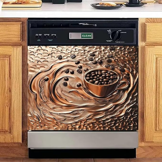 Coffee Copper Relief Effect Dishwasher Magnetic Cover for Door Front 23x17 Inch Dish Washer Magnet Panel Decal for Fridge Home Appliance Kitchen Decoration