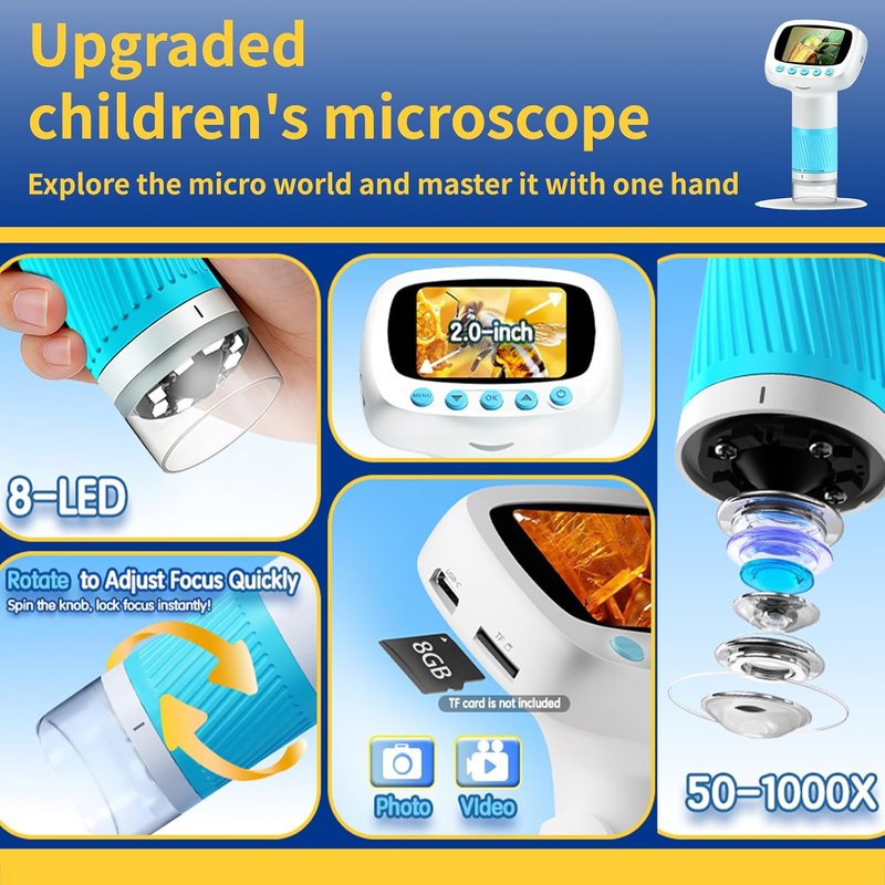 Digital Microscope for Kids - Handheld STEM Science Toy | Video Camera, Light Blue
