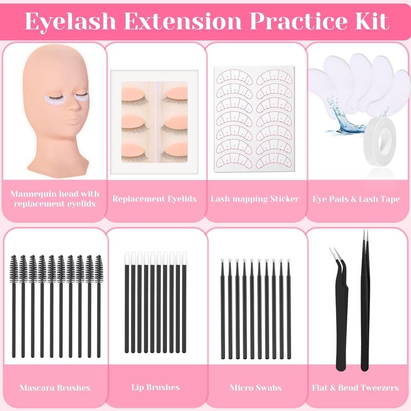Lash Extension Practice Kit, Eyelash Extension Training Kit for Beginners, Professional Eyelash Mannequin Head Set with Lash Fan, Lash Shampoo, Glue Rings and Lash Mirror (Lashes Kit-with eye)