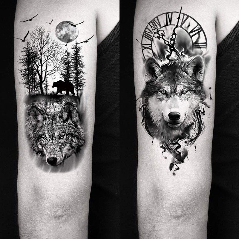 Oottati 8 Sheets Wolf Taichi Totem Skull Moon Forest Flower Arm Leg Temporary Tattoo