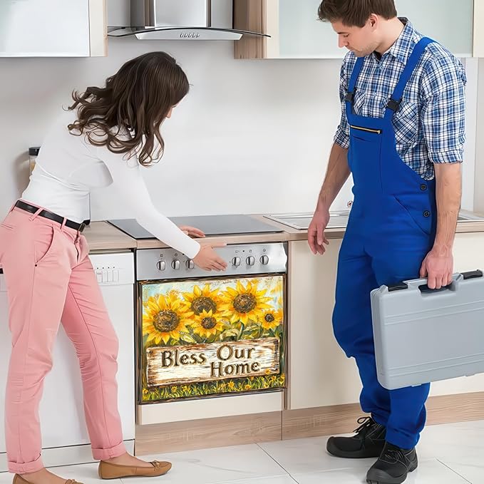 Dishwasher Magnet Cover Sunflower Vintage Wood Grain Dishwasher Magnet Decoration Flower Sunflower Dishwasher Magnet Decorative for Spring Summer Kitchen Refrigerator Cover 23x26 Inch