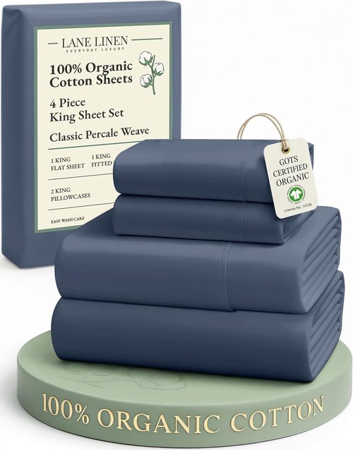 LANE LINEN 100% Organic Cotton King Size Sheets - Soft Percale, Breathable Luxury, Machine Washable - Estate Blue