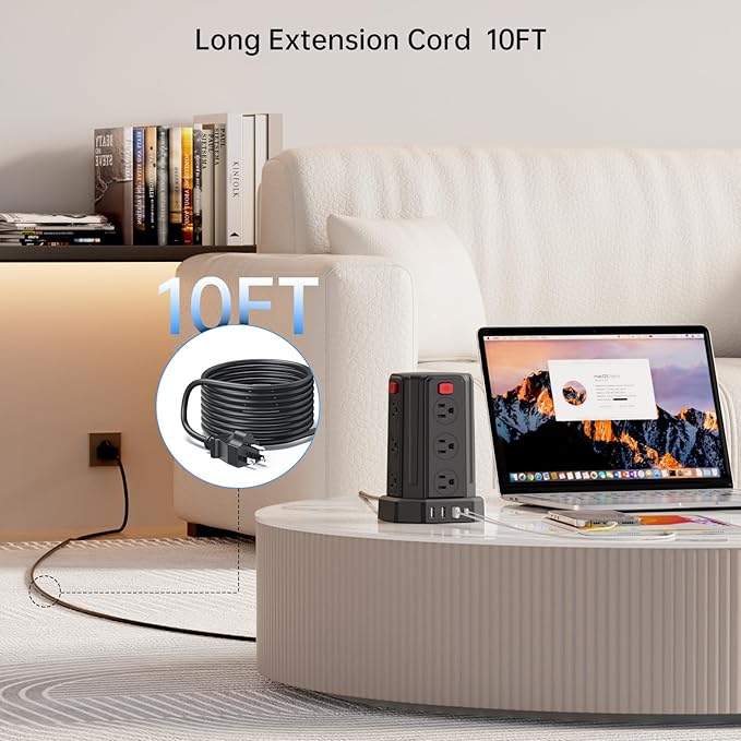 Power Strip Surge Protector, 10 Ft Extension Cord with 12 AC Multiple Outlets 4 USB (1 USB C), SMALLRT Power Tower Desktop Charging Station