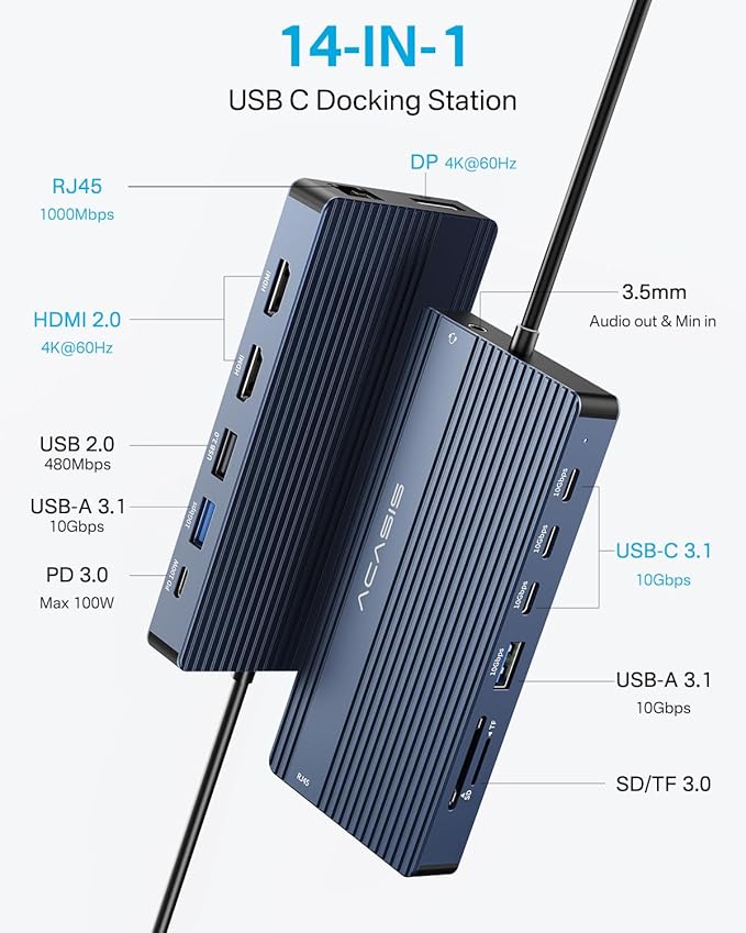USB C Docking Station Dual Monitor, 14 in 1 USB C Hub, Adapter with 2 HDMI+DP(4K60Hz), Ethernet, 3 USBC 10G,100W PD, SD/TF, Audio, Laptop Docking Station for Dell/HP/Lenovo/ThinkPad/Surface (Grey)