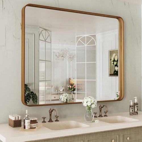 LOAAO Bathroom Mirror - 40x24 Inch Rounded Rectangle Design with Wood Grain Metal Frame | Anti-Rust, Versatile Hanging Options