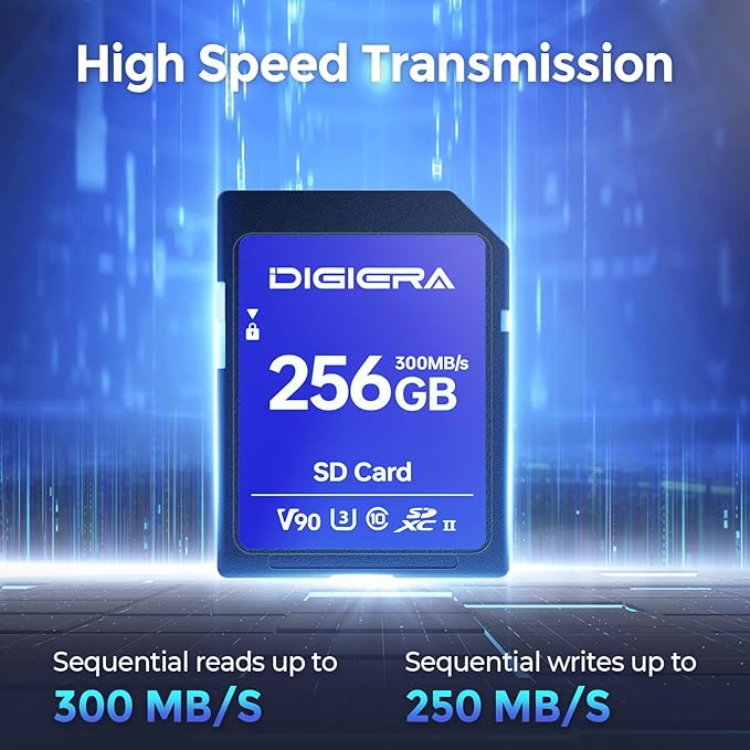 DIGIERA 256GB LSU200 SDXC UHS-II Memory Card - up to 300MB/s, C10, U3, V90, 8K, SD Card for Computers, Digital Cameras, Home Theatre Devices, Car Navigation Systems (1 Pack)