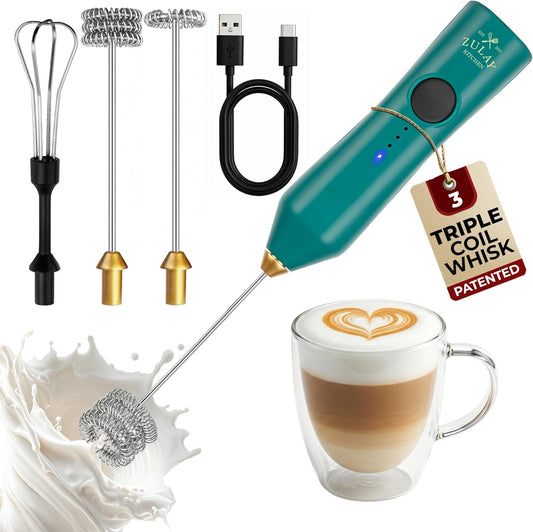 Zulay Kitchen Rechargeable Milk Frother - 3 Speeds & 3 Whisk Attachments - USB Charging for Lattes & Cappuccinos - Green Gold