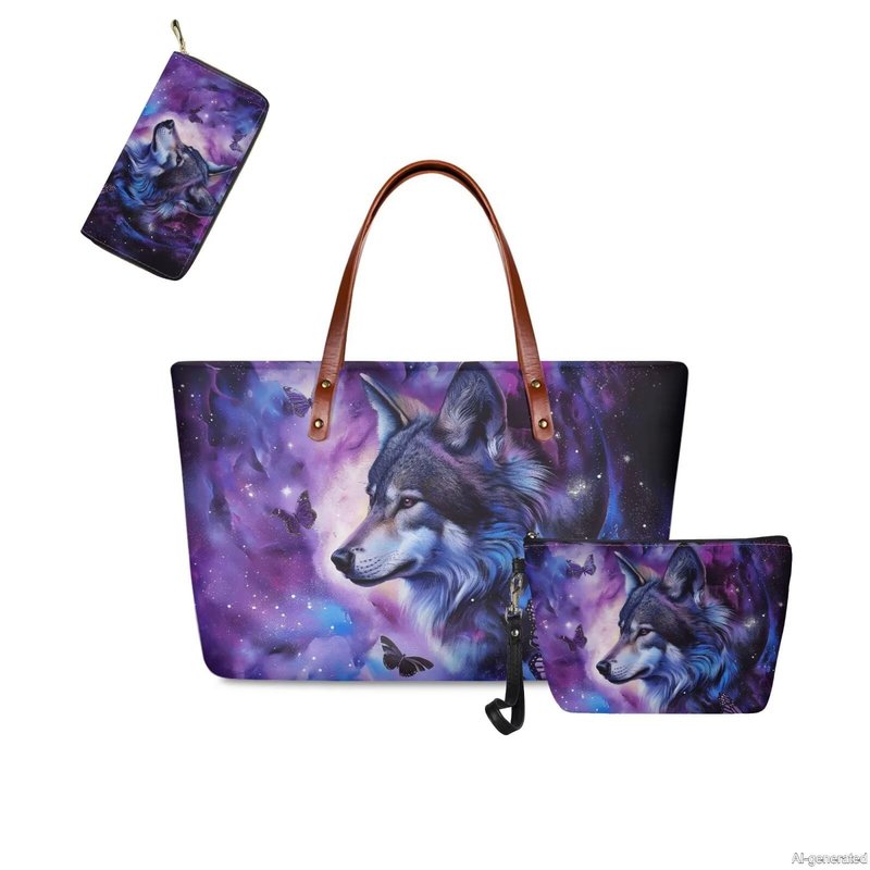 GIFTPUZZ Wolf Women Handbag Set 3 Packs Includes Large Capacity Top-Handle Bag PU Leather Toiletry Makeup Pouch Long Wallets Waterproof Blue Purple