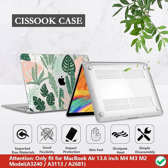 CISSOOK for MacBook Air 13.6 inch Case 2026 2025 2024 2023 2022 Release A3449 A3240 A3113 A2681, Hard Shell Case with Keyboard Cover for MacBook Air 13.6 M2 M3 M4 M5 Chip, Tropical Palm Leaves