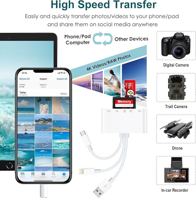 SD Card Reader for iPhone/iPad, 5-in-1 Universal Memory Card Reader for SD/TF Card/USB Drive, USB C/Lighting/USB Connector Compatible with iPhone 17/iPad Pro/Galaxy/MacBook/Dell etc.