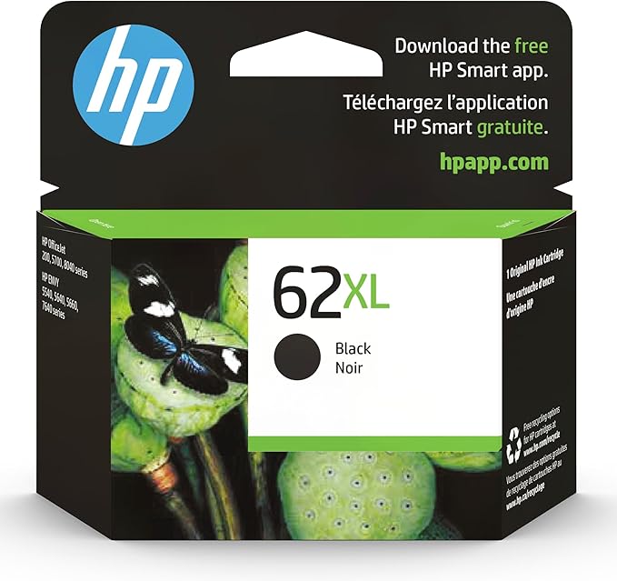 HP 62XL Black High-Yield Ink Cartridges | Works with Printer Series: Envy 5540, 5640, 5660, 7640, OfficeJet 5740, 8040, OfficeJet Mobile 200, 250 | Instant Ink Eligible | C2P05AN | Packaging May Vary