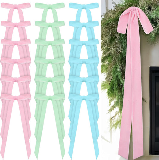 Skiennix 24 Pcs Velvet Bows - Vintage Ribbon Craft Decorations for Christmas Tree & Weddings | 10 x 18 Inch, Macaron Color