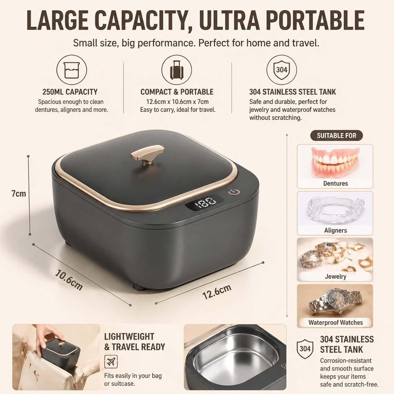 Ultrasonic Retainer Cleaner - 48kHz Dental Cleaner for Aligners, Mouth Guards & Jewelry | 250ml Pod, 3 Cleaning Modes