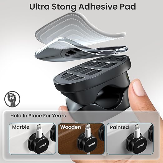 Cord Organizer [Fast Lock] 6 Pack GRIPNEST Black Cable Management [Easy Grip] Cord Holder Clips, Adjustable Strong Adhesive Wire Holders for Cords, Desk, Office, Home, Car, or Nightstand.