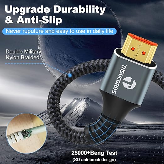 Thsucords 8K 4K HDMI Cable 15FT, High Speed Braided HDMI to HDMI 2.1 Cord Supports 8K@60Hz, 4K@120Hz 144Hz 48Gbps Compatible with Roku TV/PS5/HDTV/Blu-ray