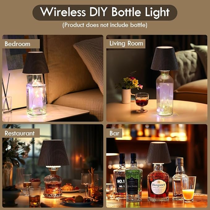 WILIT Wireless Bottle Lamp for Bar Decor, 3-Level Brightness Lampshades for Table Lamps, RGB Bottle Light for Bedroom, Table Decor for Living Room, Cute Night Light for Women Gifts