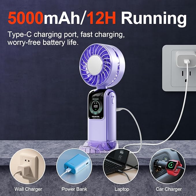 GZEduld Fantasy Purple Portable Handheld Fan with Stand & Lanyard, 5000mAh USB-C Rechargeable Battery, 12H Runtime 5-Speed LED Display Mini Fan for Outdoor Travel Beach Concerts